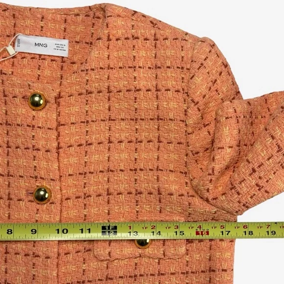 Mango MNG Short Tweed Blazer Orange Goldtone Button Details Size S NEW - Picture 7 of 15